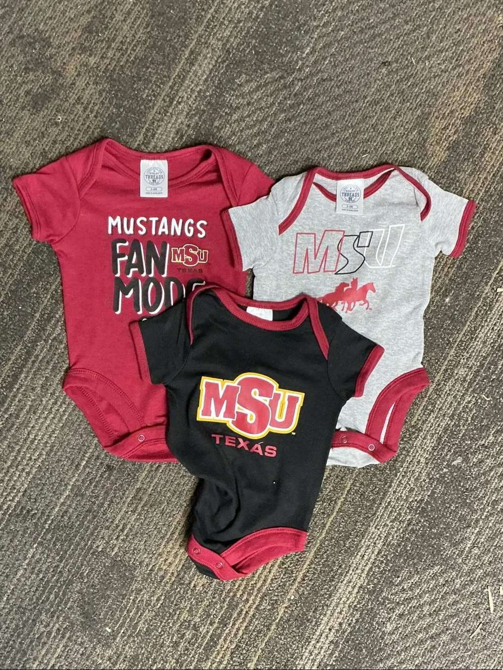 NWOT MSU Texas Mustangs 3-Pack Baby One-Piece Bodysuits -